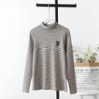 Long-sleeve Cat Embroidered Striped Knit Top