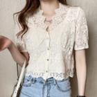 Short-sleeve Lace Flower Trim V-neck Shirt
