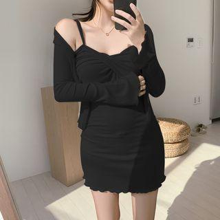 Set: Plain Cardigan + Spaghetti Strap Wrap Mini Sheath Dress