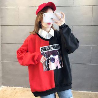 Mock Two-piece Color Panel Printed Sweatshirt