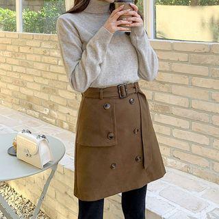 Plus Size Buttoned A-line Skirt With Belt