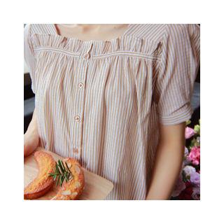Square-neck Frill-trim Stripe Blouse