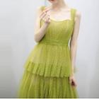 Spaghetti-strap Mesh Layered Maxi A-line Dress