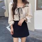 Long-sleeve Square-neck Lace-up Ruched Blouse