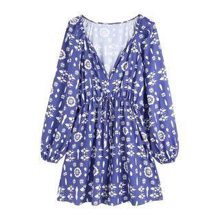 Long-sleeve V-neck Print Tie-strap Romper