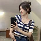 Short-sleeve Square-neck Striped Knit Cropped Top Stripe - Navy Blue - One Size