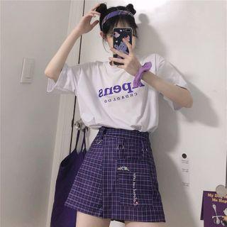 Elbow-sleeve Lettering T-shirt / Plaid Mini A-line Skirt