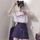 Elbow-sleeve Lettering T-shirt / Plaid Mini A-line Skirt