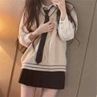 Striped Shirt / Contrast Trim Sweater Vest / Mini Pencil Skirt