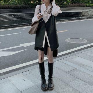 Plain Shirt / Faux Leather Button-up Vest