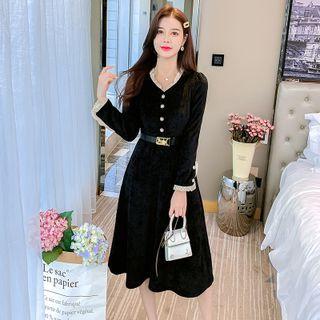 V-neck Lace Trim Corduroy A-line Dress