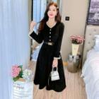 V-neck Lace Trim Corduroy A-line Dress