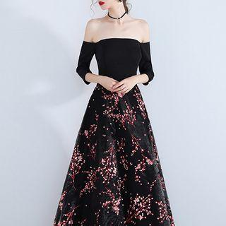 Floral 3/4-sleeve A-line Evening Gown