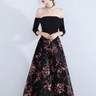 Floral 3/4-sleeve A-line Evening Gown