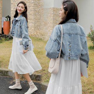 Cropped Denim Jacket / Long-sleeve Midi Shift Dress