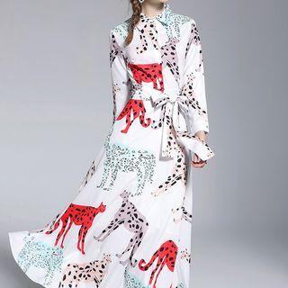 Long-sleeve Animal Print Collared Maxi Dress