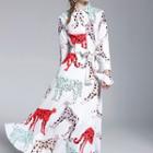 Long-sleeve Animal Print Collared Maxi Dress