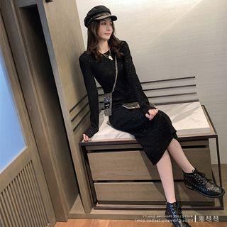 Slit-side Glitter Knit Midi Dress