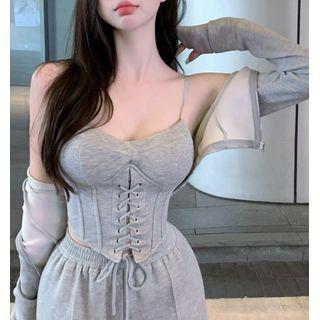 Mock-neck Plain Cropped Jacket / Lace-up Camisole Top / Plain Sweatpants