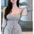 Mock-neck Plain Cropped Jacket / Lace-up Camisole Top / Plain Sweatpants