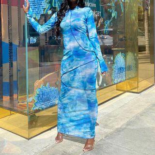 Long-sleeve Tie-dye Hooded Maxi Sheath Dress