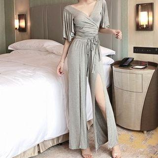 Set: V-neck Lace-up Short-sleeve T-shirt + Wide-leg Pants