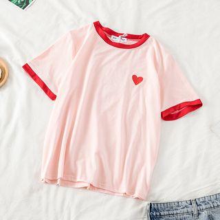 Contrast Trim Heart Print Short Sleeve T-shirt As Shown In Figure - One Size