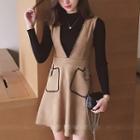 Set: Ribbed Knit Long Sleeve Top + V-neck Pinafore Dress
