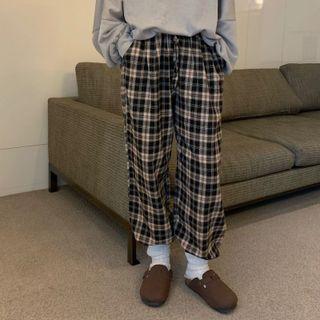 High-waist Plaid Wide-leg Pants Plaid - Black & Brown - One Size