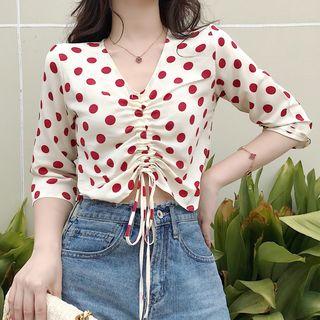 3/4-sleeve Polka Dot Drawstring Crop Top