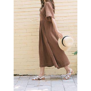 Tie-neck Shirred-waist Long Dress