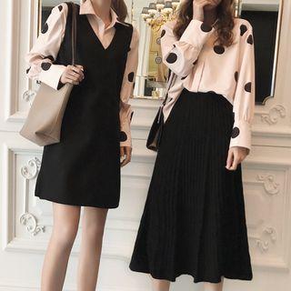 Dotted Shirt / Midi Accordion Pleat A-line Skirt / Mini V-neck Pinafore Dress