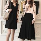 Dotted Shirt / Midi Accordion Pleat A-line Skirt / Mini V-neck Pinafore Dress