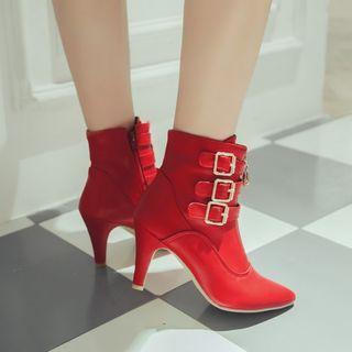 Faux Leather Buckled Kitten Heel Zipper Ankle Boots