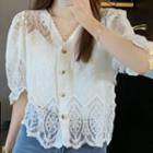 Long-sleeve V-neck Jacquard Blouse / High-waist Asymmetric Jeans