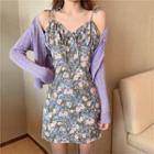 Tie-shoulder Floral Print A-line Dress / Ribbed Cropped Cardigan