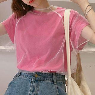 Set: Plain Short-sleeve T-shirt + Mesh Top