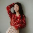 Dotted Ruffle Long-sleeve Blouse Red - One Size