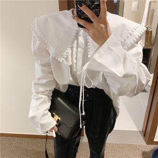 Long-sleeve Peter Pan Collar Plain Blouse White - One Size