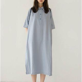 Plain Midi Elbow-sleeve Polo Shirt Dress