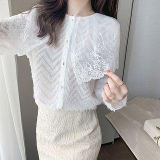 Long-sleeve Buttoned Lace Trim Blouse