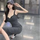 Sleeveless Plain Slim-fit Midi Dress Dark Gray - One Size