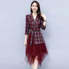 Mock Two-piece 3/4-sleeve Plaid Dress