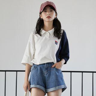Elbow-sleeve Color Panel Polo Shirt As Shown In Figure - One Size