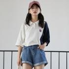 Elbow-sleeve Color Panel Polo Shirt As Shown In Figure - One Size