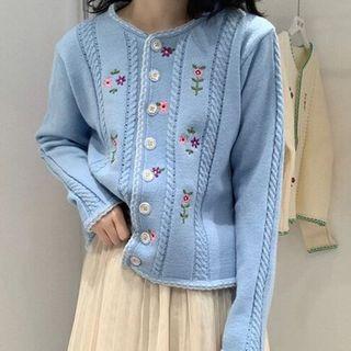 Long-sleeve Embroidered Flower Knit Sweater Cardigan