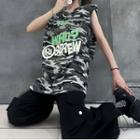 Lettering Print Camouflage Oversized Tank Top As Shown In Figure - One Size