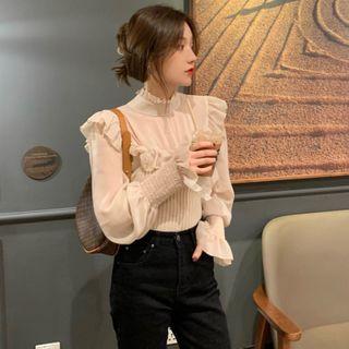 Long-sleeve Ruffled Mock-neck Chiffon Blouse