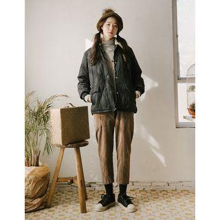 Fleece-collar Padded Zip-up Jacket One Size
