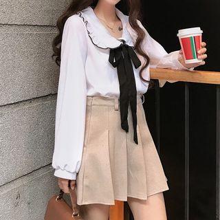 Pocket Detail Corduroy Pinafore Dress / Bow Accent Blouse